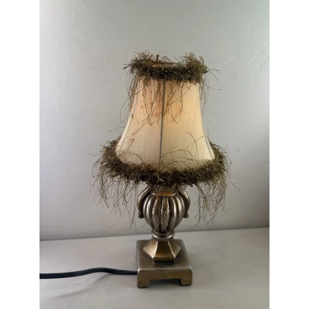 Vintage Antique Bronze Mini Accent Lamp Fringed Fabric Bell Shade Nightlight 13